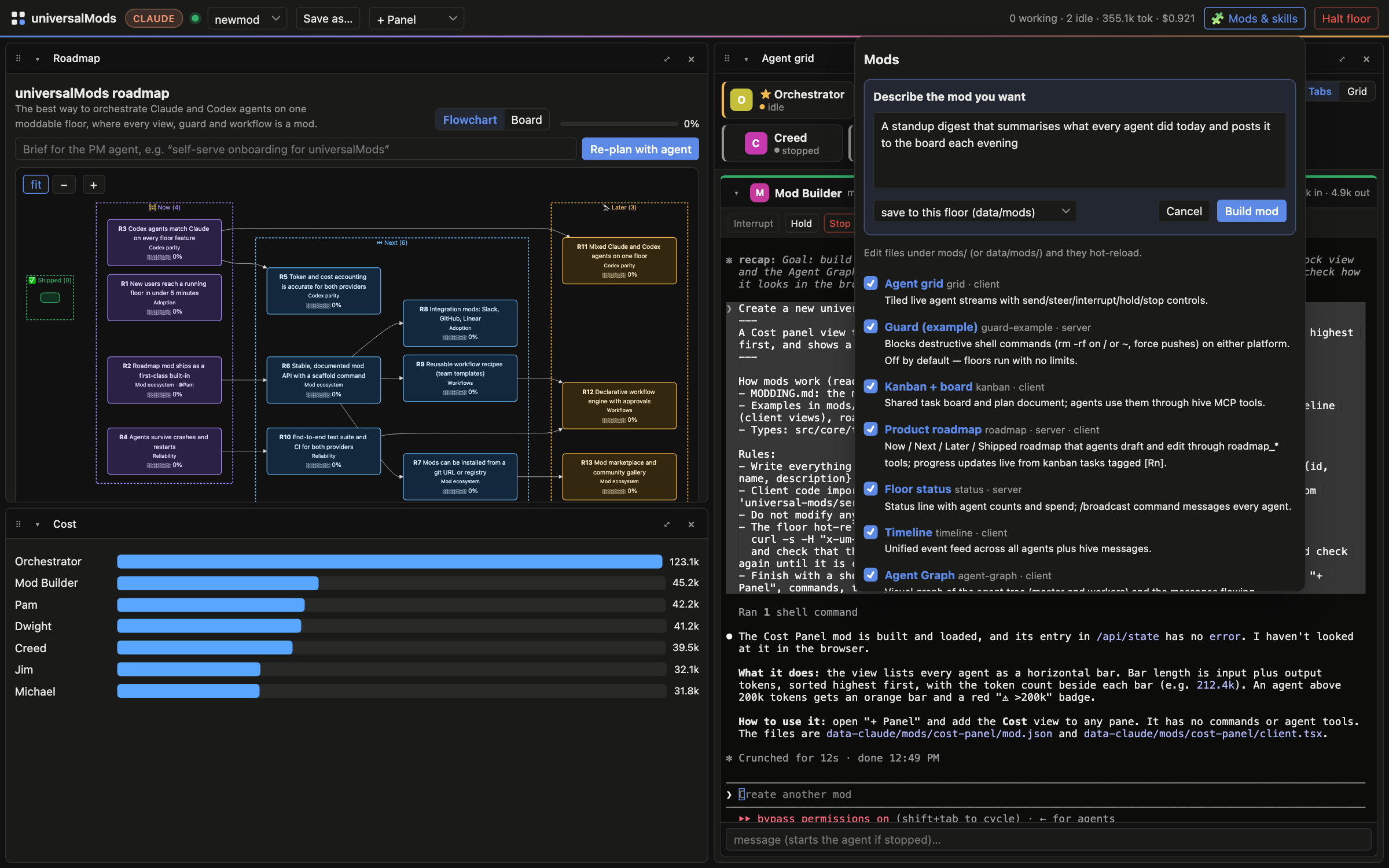 The roadmap flowchart, a Cost panel mod written by the Mod Builder agent, and the New mod form